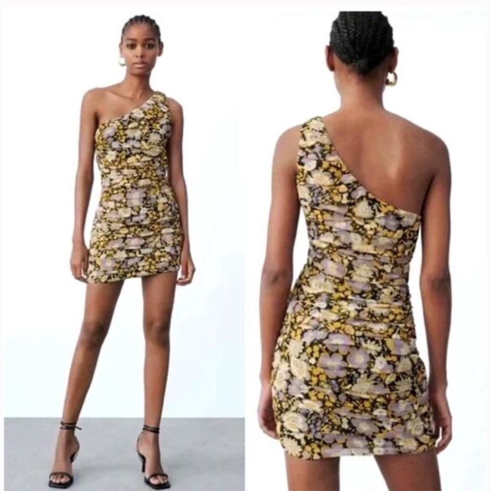 NWT Zara Ruched One Shoulder Mini Dress in Floral Print, Size XS